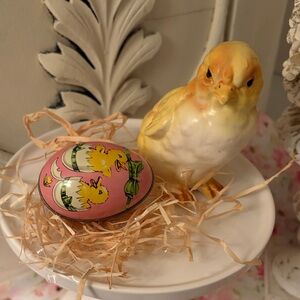 Decorative Vintage Yellow Chick Figurine with Pink Easter Egg l